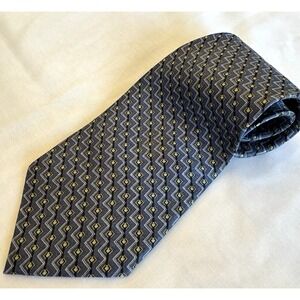 ZINC Z Inc Mens Navy Blue Yellow Black 100% Silk Neck Tie 56 inch Made‎ in Korea